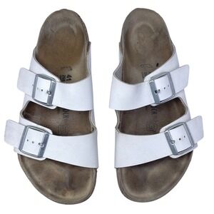 Women's Birkenstock Arizona Sz 41/10 White Leather Double Strap Buckles‎ - Fair